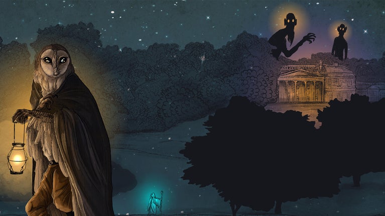 An illustration that depicts figures of Cornish folklore at night at Trelissick